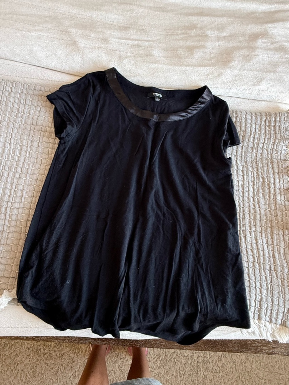 Black Women's Short Sleeve Top with Satin Trim